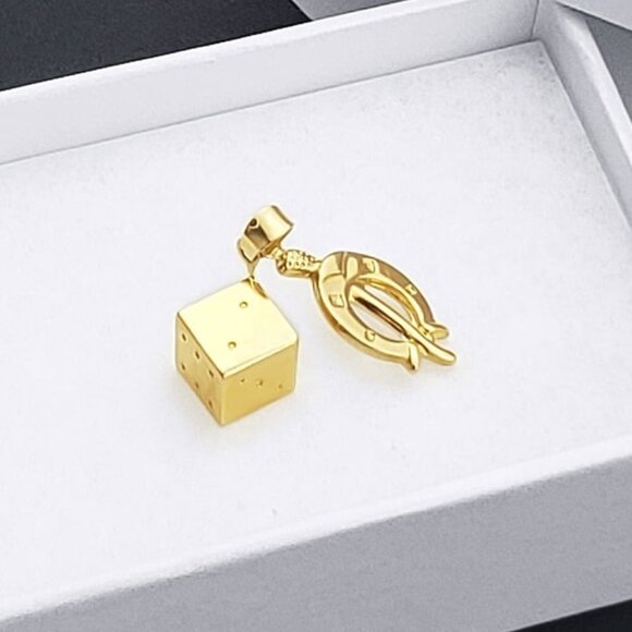 Dice, Horseshoe, & Italian Horn Solid 14k Yellow Gold Pendant Luck Charm Jewelry